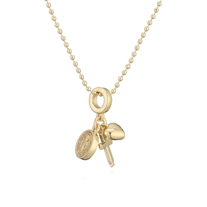 Collier chaîne à billes plaqué or 18 carats avec pendentifs croix, cœur et médaille