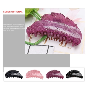 Leaf-shaped purple acrylic hair claw clip with colorful rhinestones and color options