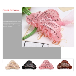 Elegant acrylic hair claw clip with pink rhinestones shown in four assorted colors