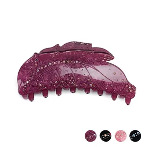 Large Acrylic Leaf Hair Claw Sparkly Rhinestone Hair Clip Elegant Botanical Floral Hair Accessory For Women Fashion Jewelry