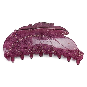Deep burgundy leaf shaped acrylic hair claw clip with sparkling rhinestones decoration