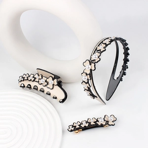 Elegant Acetate Flower Hair Accessories Imitation Artificial Pearl Floral Design Black Beige Claw Clip Spring Barrette And Headband