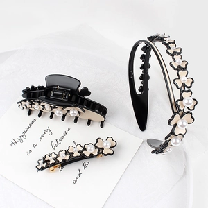Elegant beige floral hair accessory set with pearl claw clip, hairpin and headband
