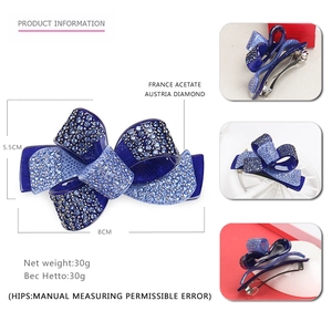 Deep blue acetate bow hair clip with gradient rhinestones and metal spring barrette