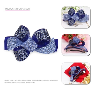 Elegant royal blue acrylic bow hair clip with sparkling rhinestones and metal spring clip