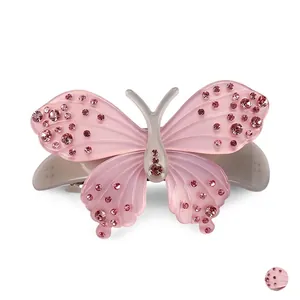 Pink Butterfly Acetate Hair Clip With Hand Inlaid Rhinestone Elegant Spring Barrette Women Fashion Hair Accessories