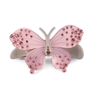 Cute pink acetate butterfly hair clip with sparkling rhinestones and metal spring closure