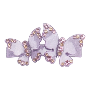 Detailed macro view of purple acrylic double butterfly hair clip with colorful rhinestones