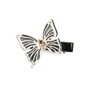 Elegante fermaglio per capelli a farfalla in acetato bianco e nero con cristalli champagne