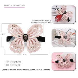 Pink acetate butterfly hair clip with rhinestones, 8x6.3cm elegant butterfly spring hair clip