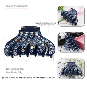 Detail view of 9cm blue acrylic hair claw clip with colorful sparkling rhinestones