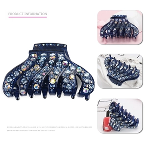 Deep blue acrylic hair claw clip with colorful rhinestones in a multi-angle display