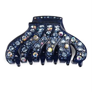 Sparkling acrylic hair claw clip with blue rhinestones and iridescent crystals for women