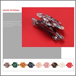 Detail view of flower-shaped hair clips in various colors and acetate side grip design