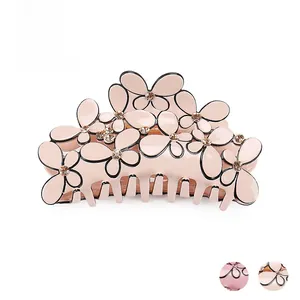 Pink floral acetic hair claw with Czech crystals and butterfly cutout design for women