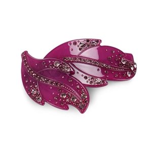 Close-up of rose purple leaf hair clip with detailed rhinestones and acrylic texture