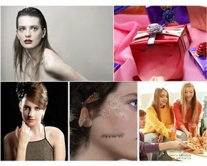 Collage of small acrylic bow hair clips showing daily styling and elegant gift packaging