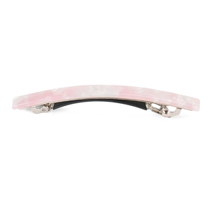Close-up of pink and white marble pattern acetate spring hair clip with silver metal base