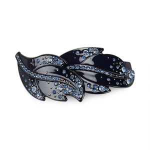 Exquisite leaf-shaped hair clip with blue rhinestones on a glossy black metallic base
