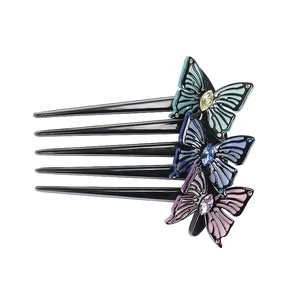 Elegant five-tooth hair comb with three colorful butterflies and rhinestones in forest style