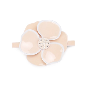 Elegant large pink acrylic camellia hair clip with white rhinestones on white background