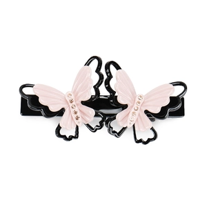 Barrette à cheveux double papillon rose et noir ornée de strass brillants