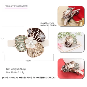 Elegant French acetate camellia hair clip with crystal and pearl 8.5cm floral spring barrette