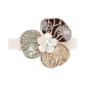 Elegant camellia flower hair clip with pearl and crystals on acetate spring barrette