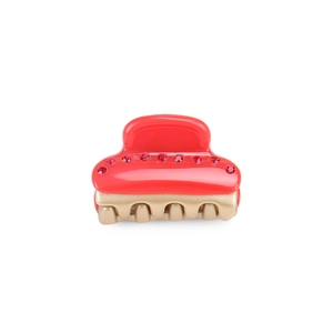 Mini molletta per capelli in acetato rosso con sette strass brillanti e denti dorati