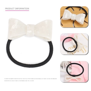 Minimalist white marble acetate bow hair tie with high-elastic black cord for women