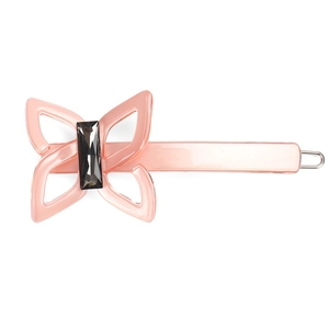 Pink acetate butterfly hair clip featuring a rectangular dark grey crystal on a silver base