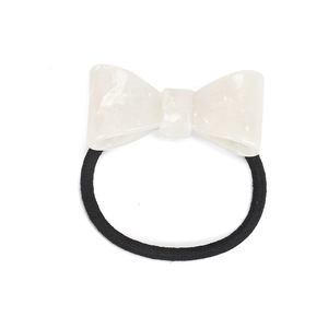 Elegant white marble-textured acetate bow hair tie with a durable black elastic band