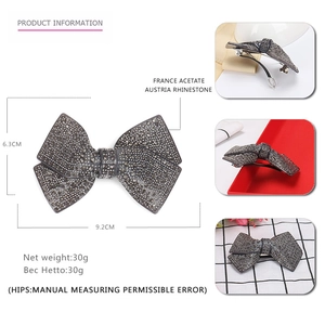 Sparkling black rhinestone bow hair clip made of French acetate with metal spring barrette