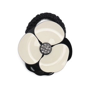 Elegant camellia hair tie with rhinestones and black woven rope for women
