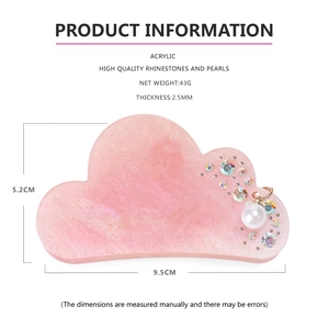Detailed size specifications of pink glitter cloud hair claw with pearls and rhinestones