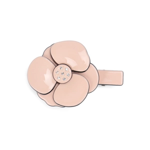 Elegant pink acetate camellia hair clip with black edges and sparkling rhinestones