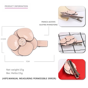 Pink acetate camellia hair clip with Austrian rhinestone detail and 7cm silver duckbill base