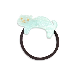Close-up of mint green marble acrylic cat hair tie with fine gold facial details