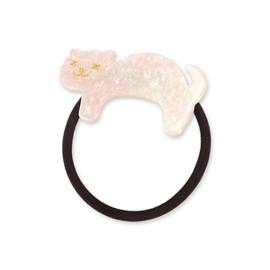 Close-up of pink acrylic cat hair tie with pearlescent finish and high elasticity cord