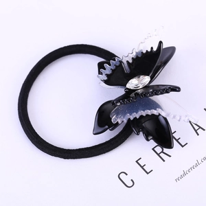 Élastique à cheveux papillon noir double couche élégant avec cristal étincelant et bande