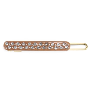 Detail of coffee-colored acetate hair clip with double rows of sparkling rhinestones