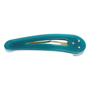 Close-up of a teal acetate teardrop hair clip with three sparkling rhinestones and metal base