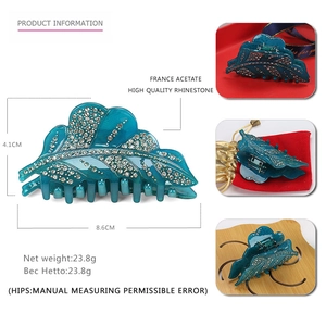 Pince à cheveux élégante en forme de feuille avec strass et finition bleu paon