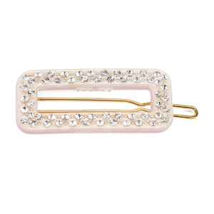 Close-up of rectangular geometric hair clip with sparkling rhinestones and pink resin base