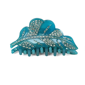 Pince à cheveux feuille bleue avec cristaux strass et finition en acrylique