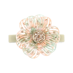 Elegant hollow flower hair clip with pink and green marble resin and brown rhinestones