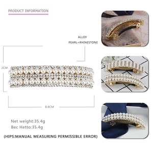 Elegant rectangle hair clip with white pearls and sparkling rhinestones on golden alloy