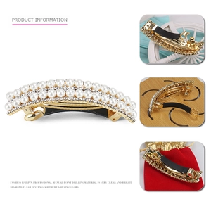 Elegant gold alloy hair clip with three rows of white pearls and sparkling rhinestones