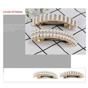 Elegant gold alloy hair clips with white pearls and sparkling rhinestones for women