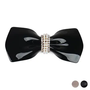 French Acetate Bowknot Hair Clip With Artificial Pearls And Rhinestones Retro Elegant Black Grey Barrette For Women Hair Accessories